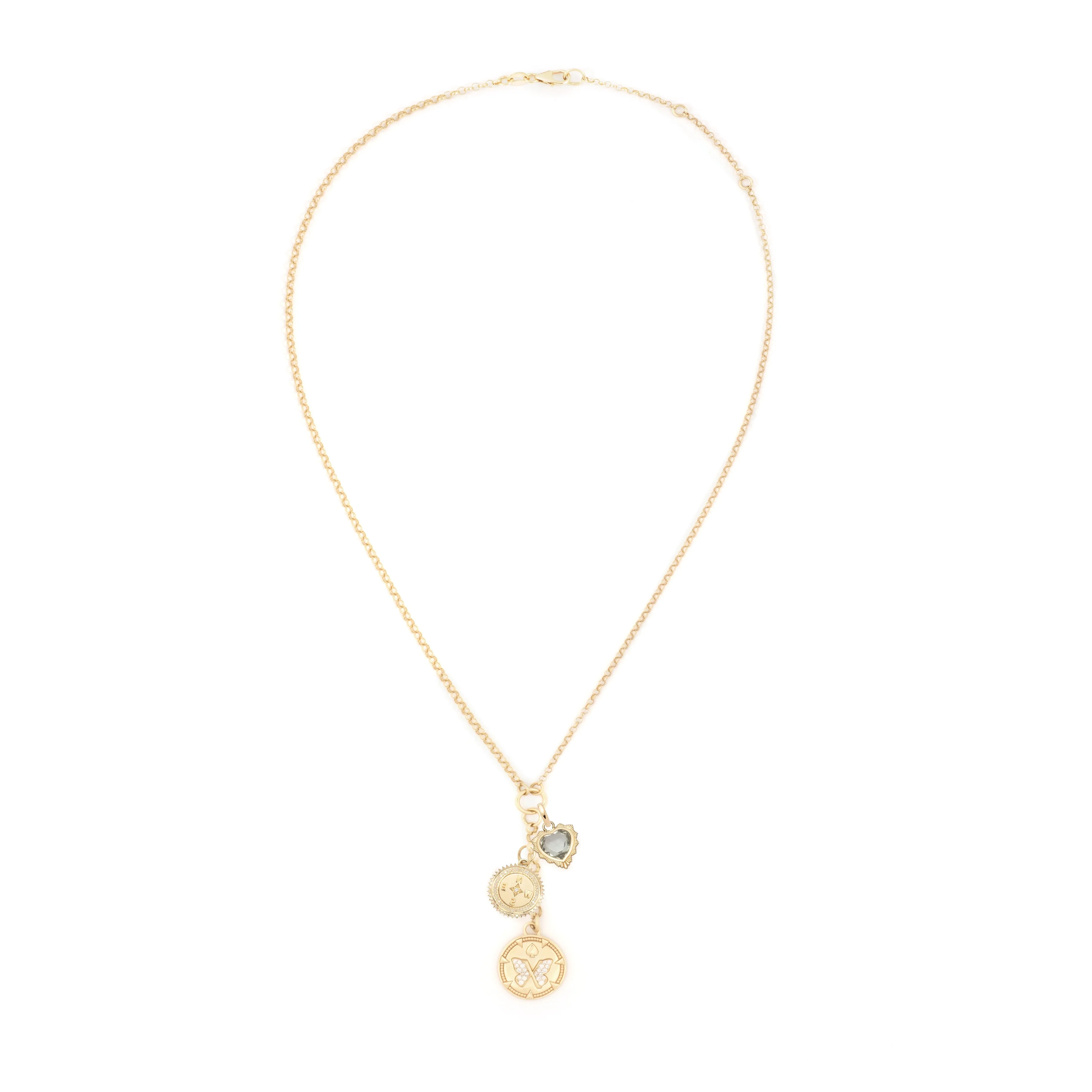 Reverie - Internal Compass | Butterfly and Gemstone Heart Small Mixed Belcher Extension Necklace | Diamonds, Green Prasiolite, Yellow Gold - Image 2