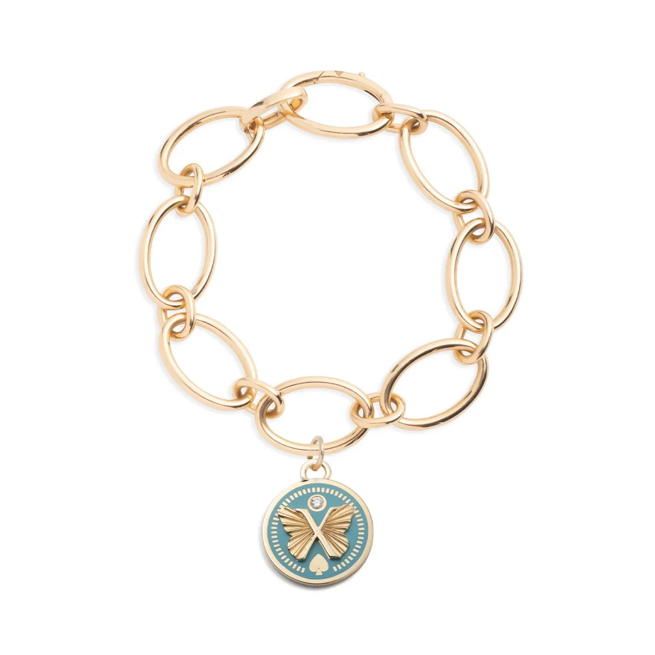 Reverie | Ceramic Butterfly Oval Link Bracelet | Aqua Ceramic, Diamond, Yellow Gold
