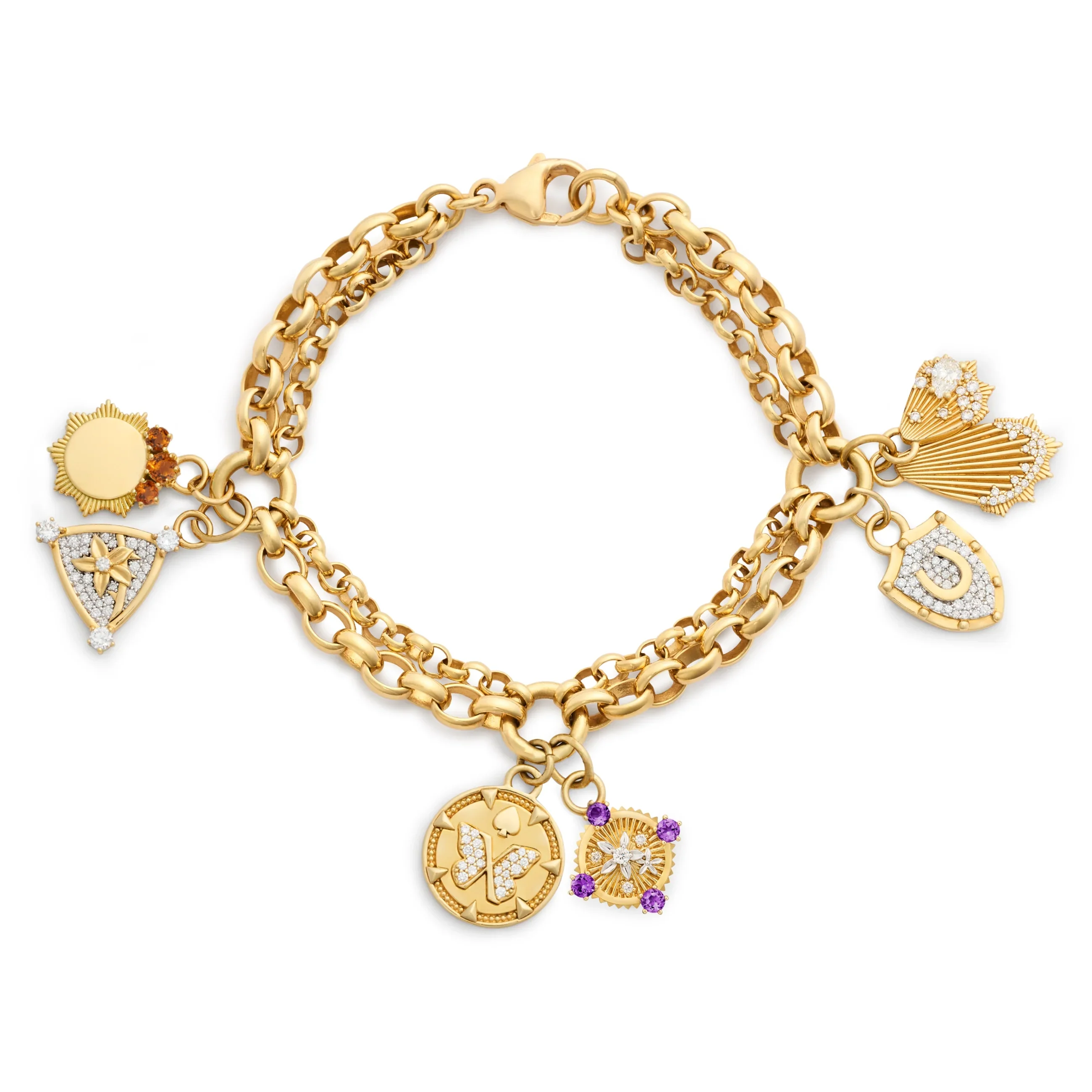 Personalized - Reverie | Engravable and Butterfly Festoon Charmed Bracelet | Multi-Stone, Mixed Gold