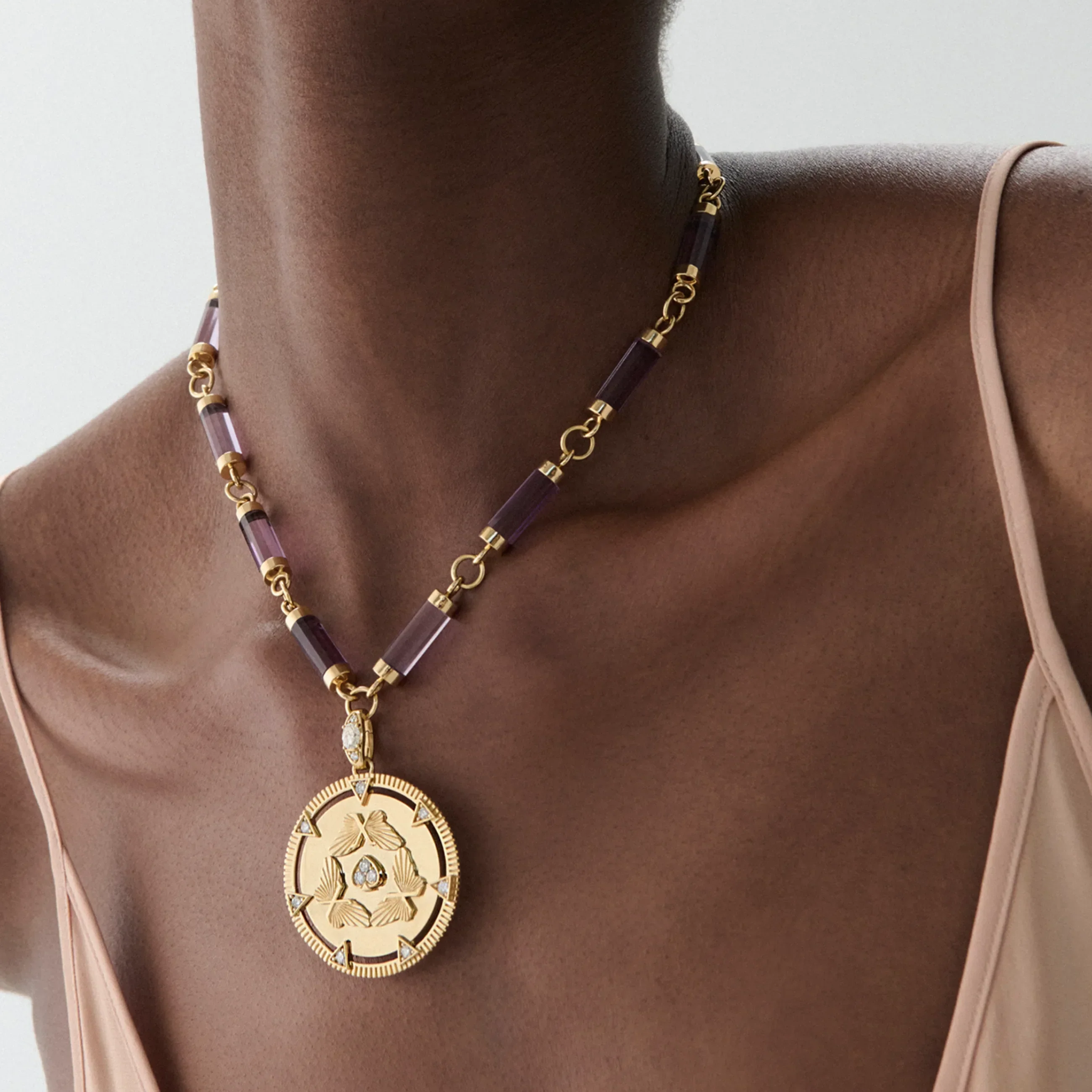 Reverie | Butterfly Triskele Oversized Element Necklace | Diamonds, Amethyst, Yellow Gold - Image 2