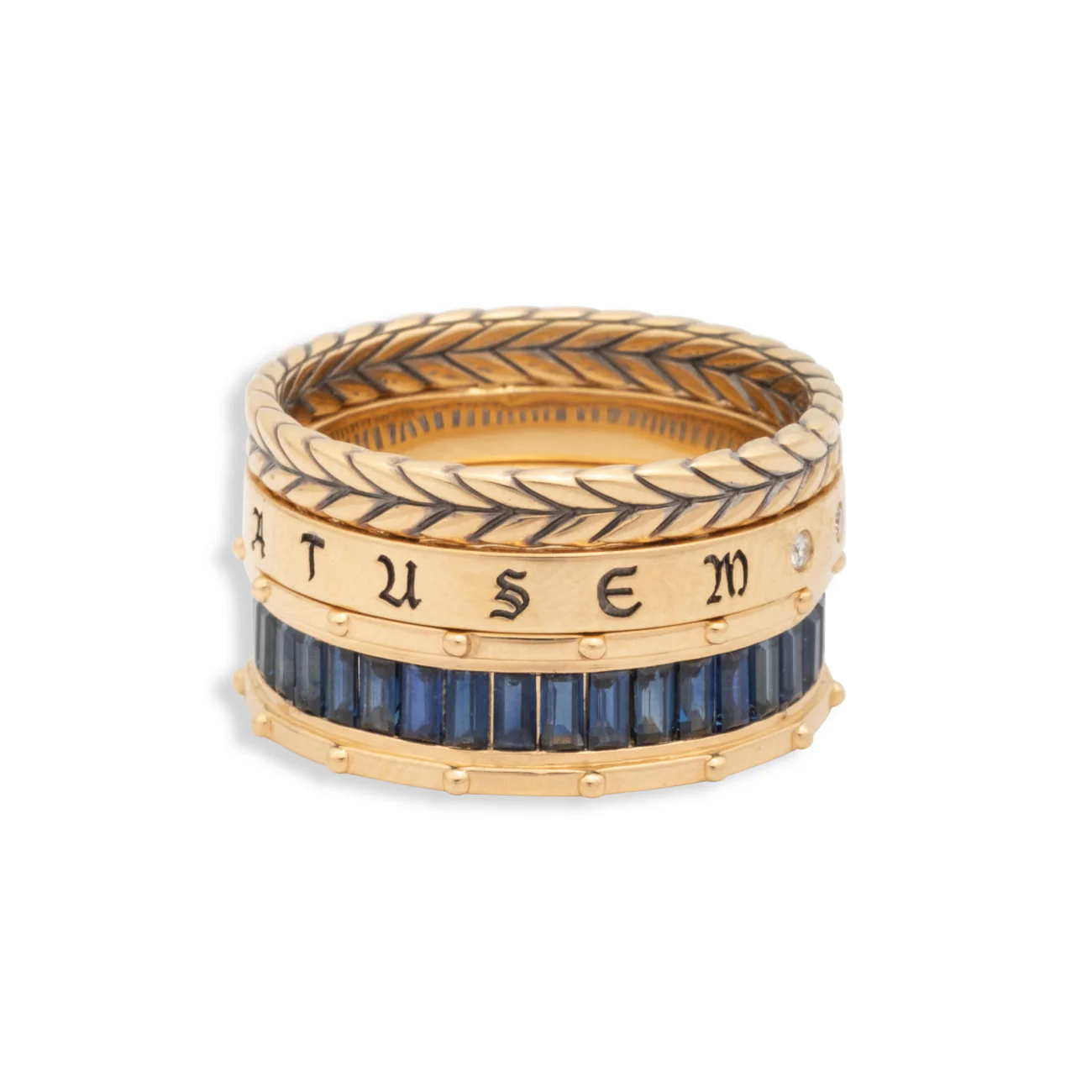 True Love - Infinite Gratitude | Lovestruck Pierced and Braided Wheat Ring Stack | Blue Sapphire, Diamonds, Yellow Gold