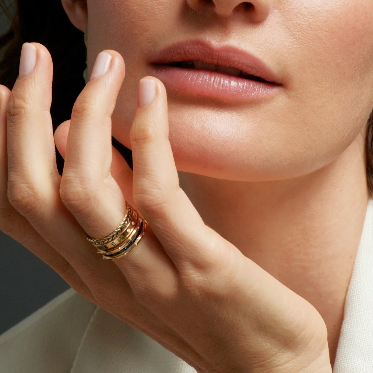 True Love - Infinite Gratitude | Lovestruck Pierced and Braided Wheat Ring Stack | Blue Sapphire, Diamonds, Yellow Gold - Image 2