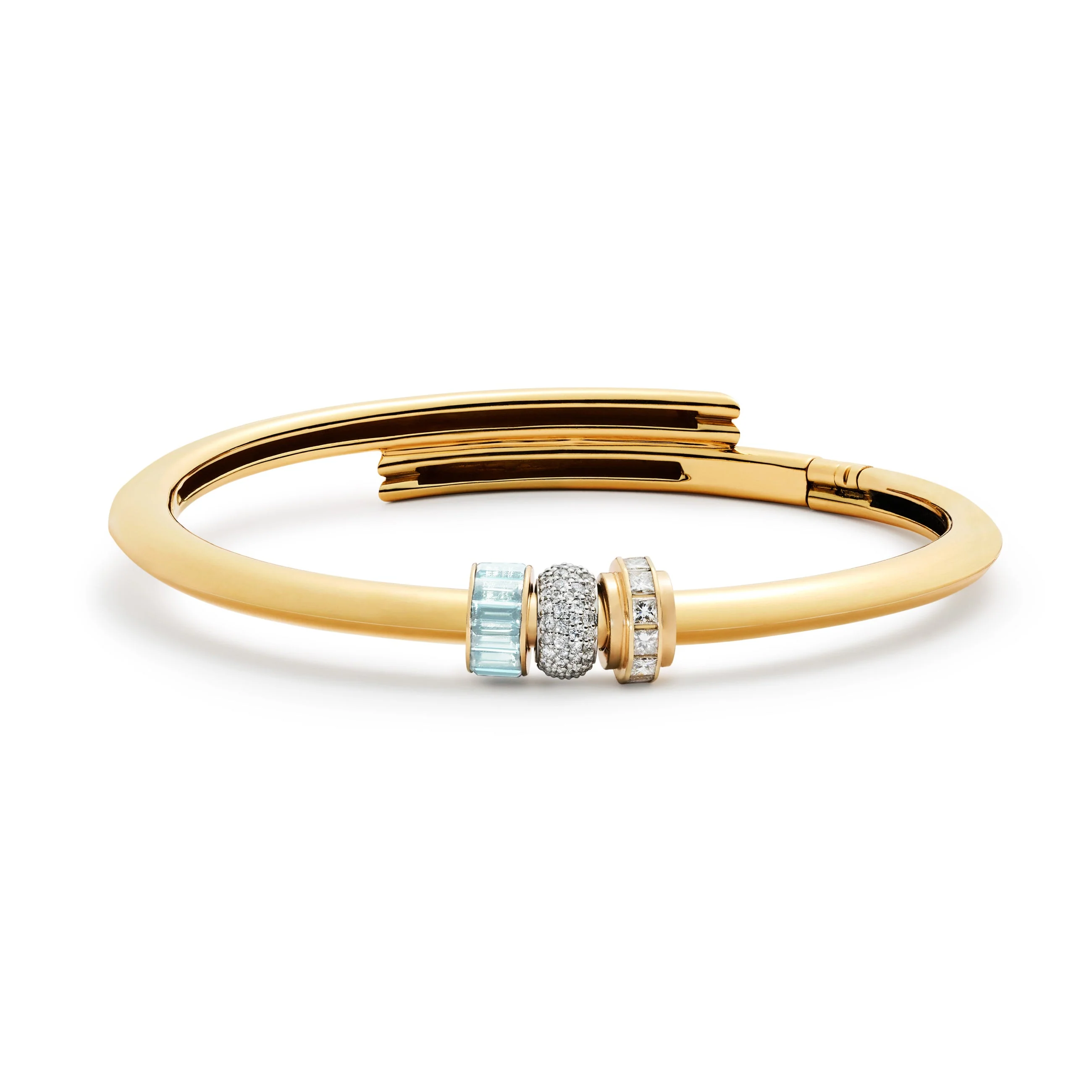 True Love | Pavé Orbit and Baguette Strong Heart Bangle | Diamonds, Aquamarine, Mixed Gold - Image 3