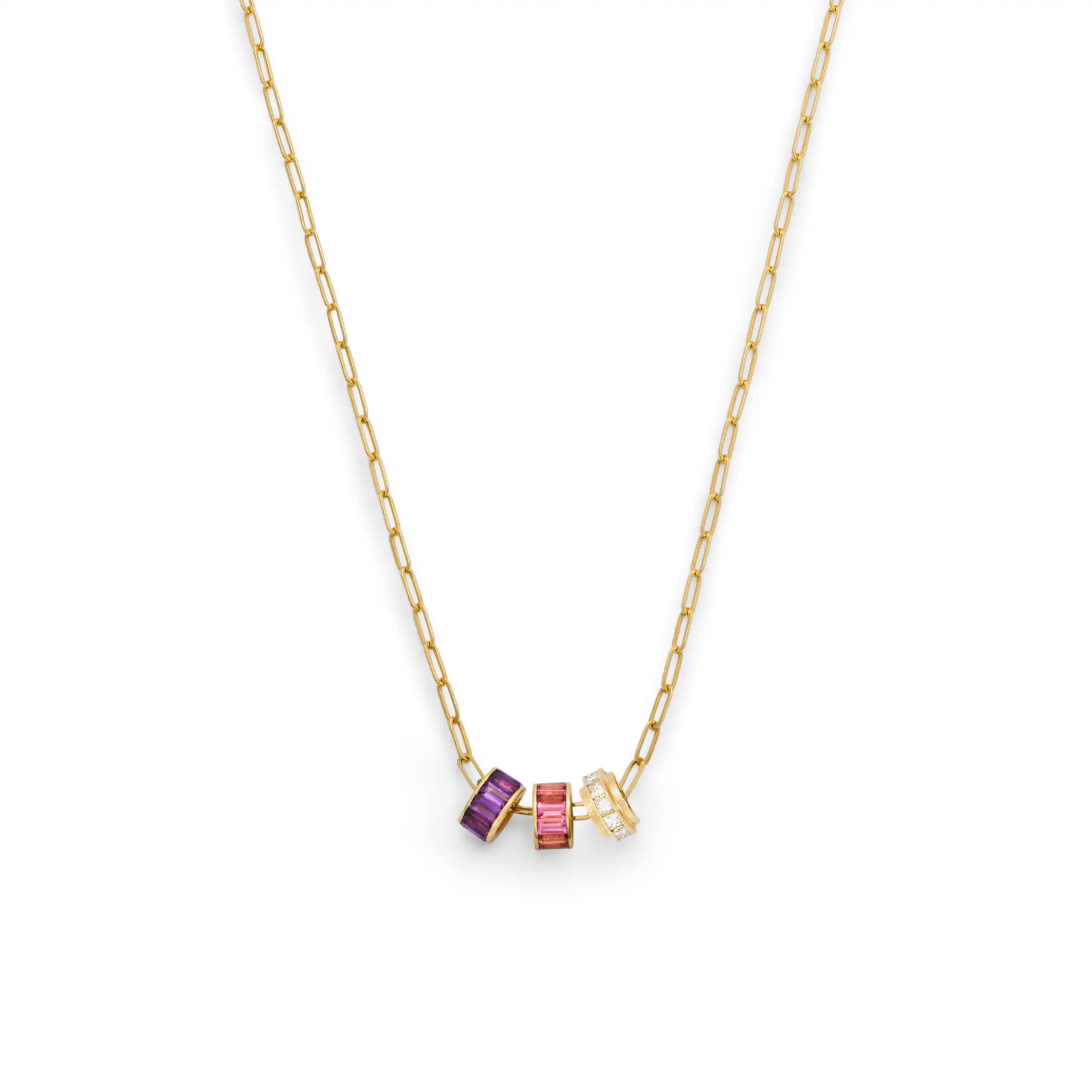 True Love | Baguette Heart Beats Fine Clip Necklace | Diamonds, Amethyst, Pink Tourmaline, Yellow Gold