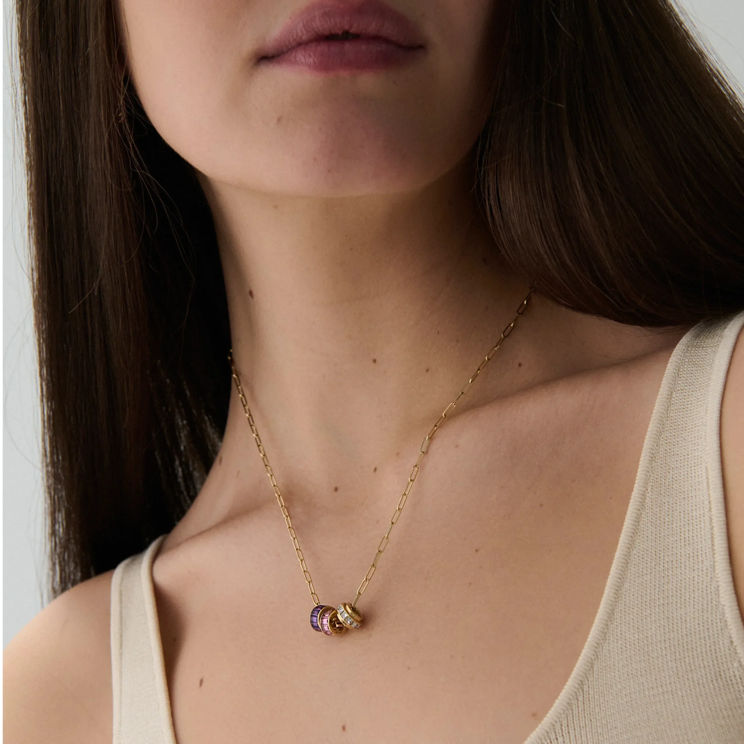 True Love | Baguette Heart Beats Fine Clip Necklace | Diamonds, Amethyst, Pink Tourmaline, Yellow Gold - Image 2