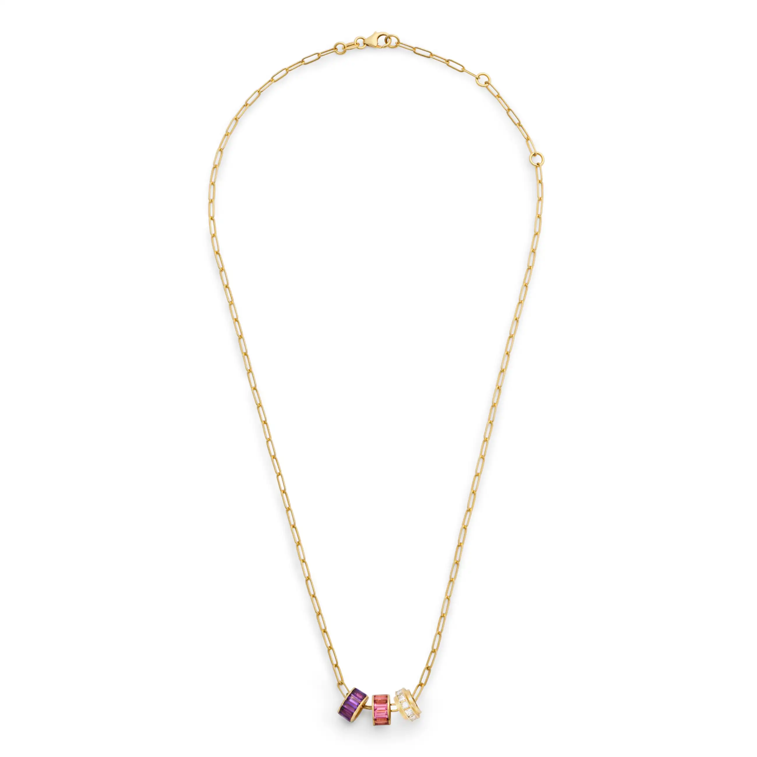 True Love | Baguette Heart Beats Fine Clip Necklace | Diamonds, Amethyst, Pink Tourmaline, Yellow Gold - Image 3