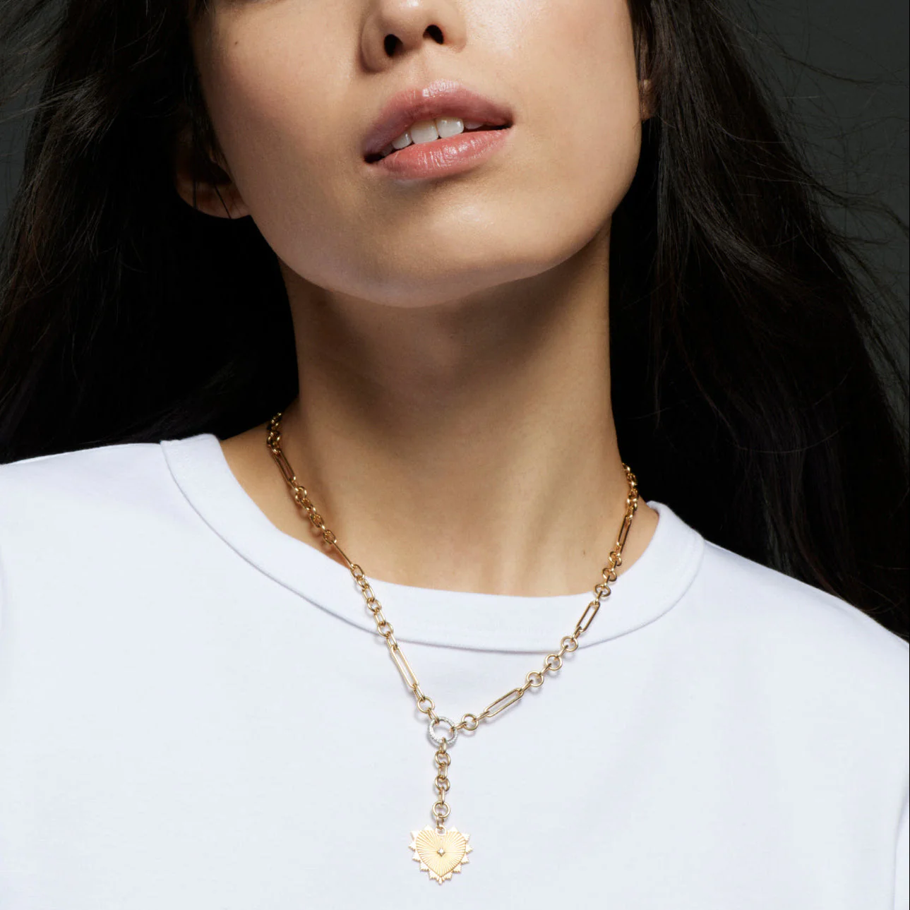True Love | Heart Love Token Small Mixed Clip Extension Necklace | Diamond, Yellow Gold - Image 2