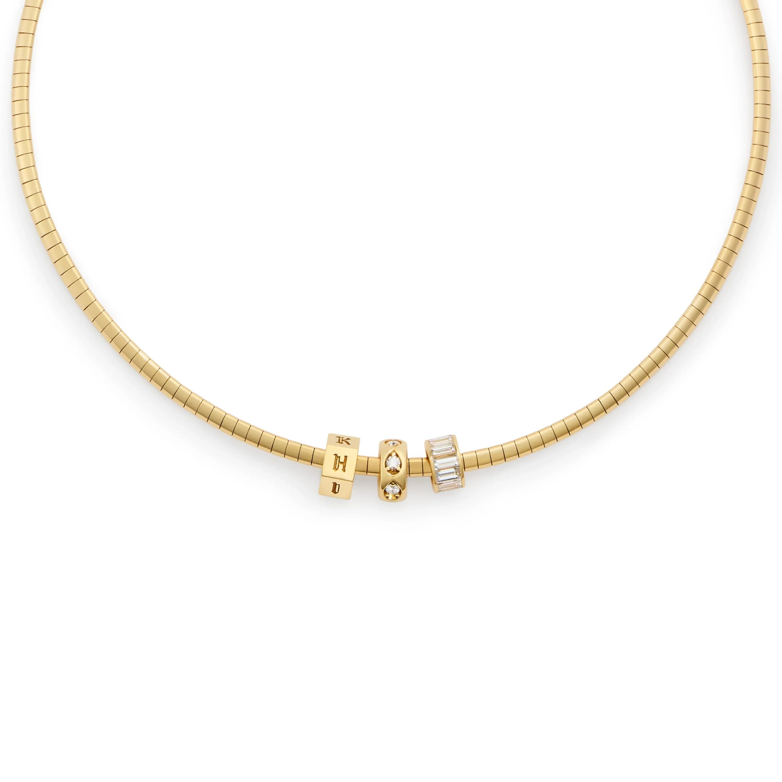 Personalized - True Love | Custom Faceted and Baguette Heart Beat Small Sleek Collar Necklace | Diamonds, Yellow Gold