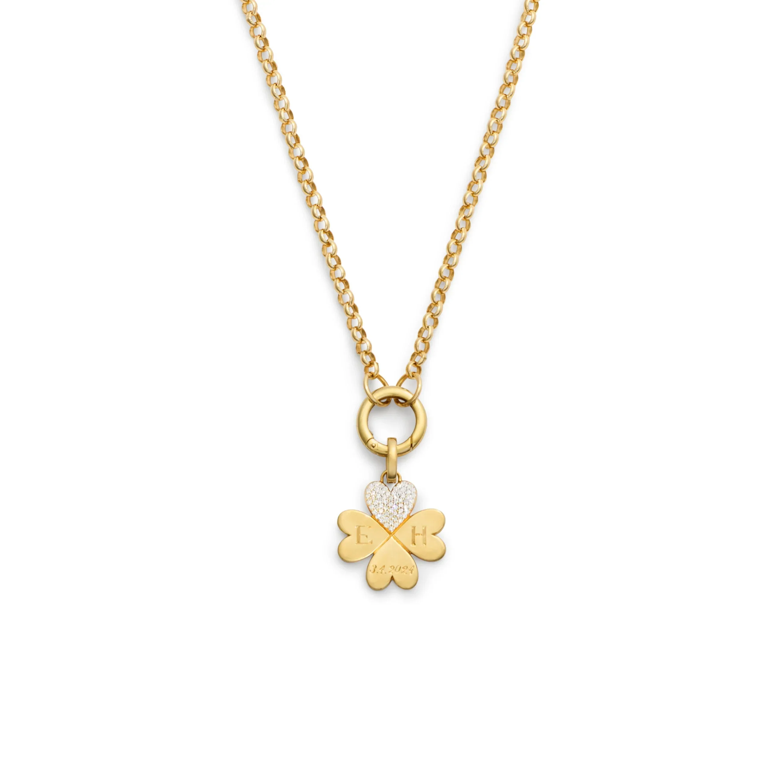 Personalized - True Love | Engravable Four Heart Clover Medium Belcher Open Chain | Diamonds, Yellow Gold