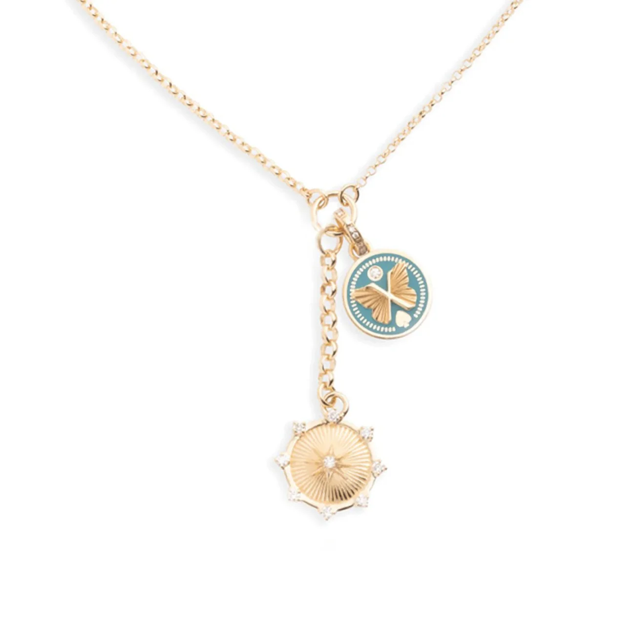 Foundation - Reverie | Spark and Butterfly Small Mixed Belcher Extension Necklace | Diamonds, Aqua Ceramic, Yellow Gold