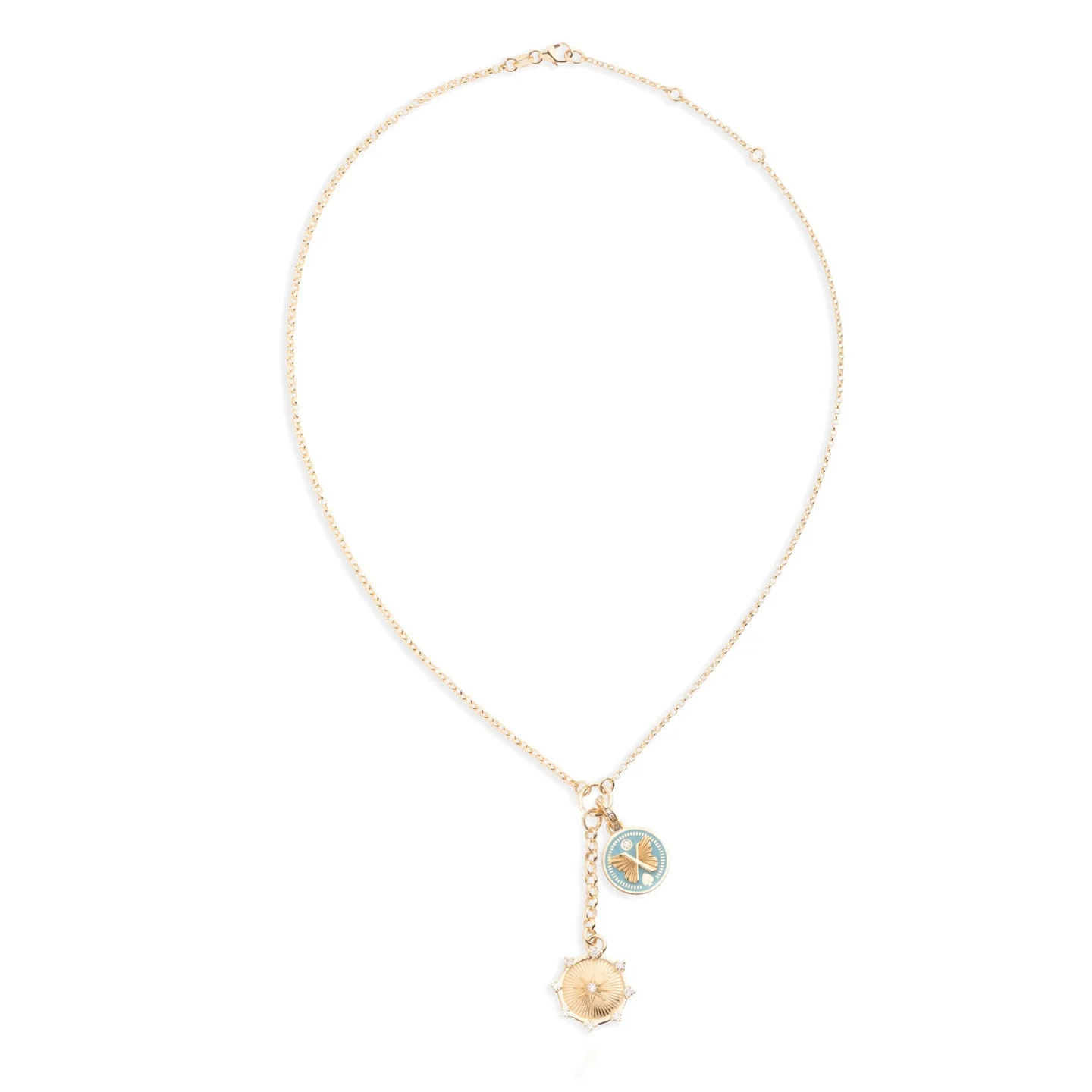 Foundation - Reverie | Spark and Butterfly Small Mixed Belcher Extension Necklace | Diamonds, Aqua Ceramic, Yellow Gold - Image 2